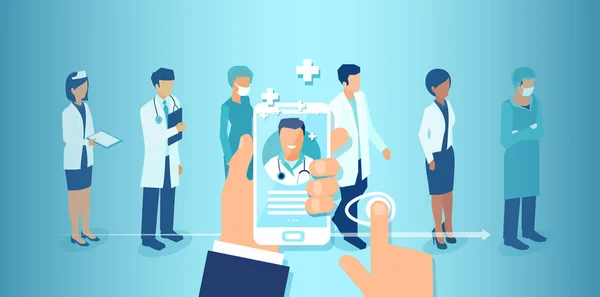 Vecteur d'un patient utilisant une application de soins de santé sur son smartphone choisissant un médecin et une équipe médicale professionnelle — Image vectorielle