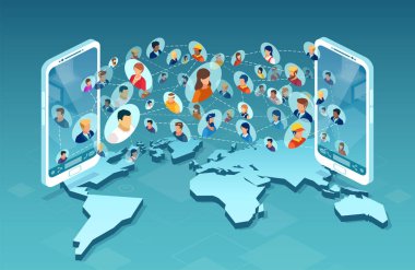 Cep telefonu uygulama teknolojisi ile iletişim kuran çeşitli insan gruplarının vektörü