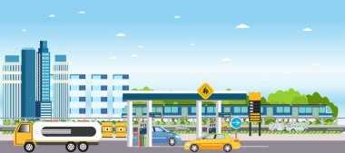 Benzin istasyonu ve araçları olan, metro treninin önünden geçen, evler inşa eden modern şehir manzarasının taşıyıcısı.