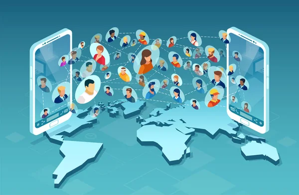 Wektor zróżnicowanej grupy osób komunikujących się za pomocą technologii aplikacji telefonii komórkowej — Wektor stockowy