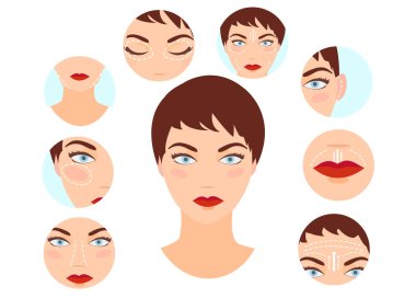 Retinoplasti, yüz gerdirme, bifaroplasti, otoplasti ameliyatları yapılan bir kadının vektörü. 