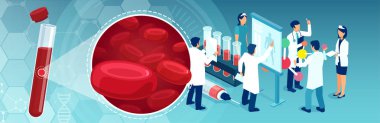 Kırmızı kan hücreli tıbbi test tüpünün taşıyıcısı ve teşhis koyan bir doktor ekibi. 
