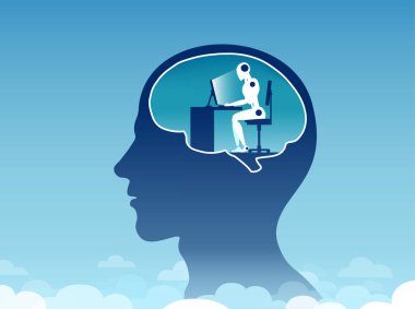 Bilgisayarda çalışan bir robotla insan kafasının ana hatlarının vektörü.