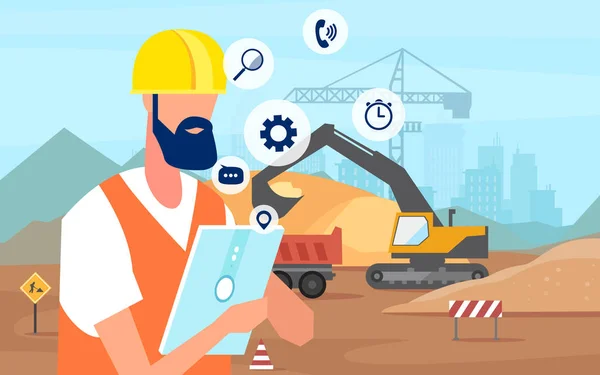 Vector of a man construction engineer using tablet app managing a new building project — Stock Vector