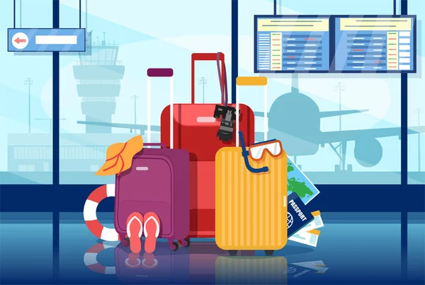 Vector of a traveler suitcases inside the airport, terminal building with airplane on the background — Stock Vector