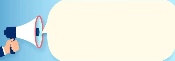 ソーシャルメディアの発表のための白い泡とメガホンを保持するビジネスマンの手のベクトル — ストックベクタ