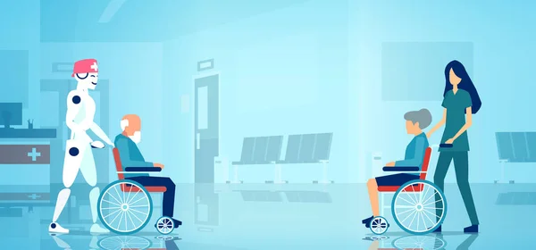 Vector of a nurse and a robot pushing wheelchair with senior people