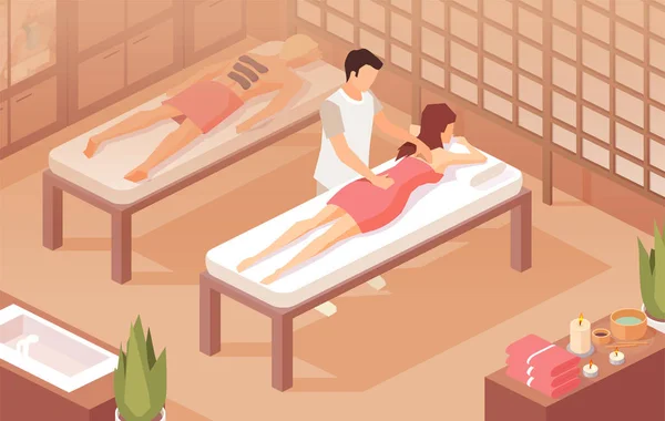 Wektor kobiety leżącej na stole, podczas gdy terapeuta robi leczniczy masaż na bolących plecach — Wektor stockowy