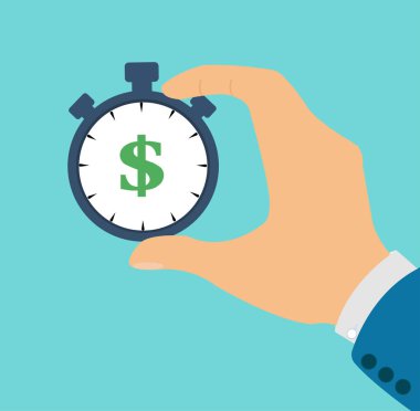 Elinde dolar işareti olan bir stop saati tutan bir iş adamı vektörü.