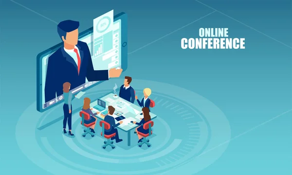 Vektor för affärsmän som träffas på ett kontor och har telefonkonferens med en presentatör. — Stock vektor