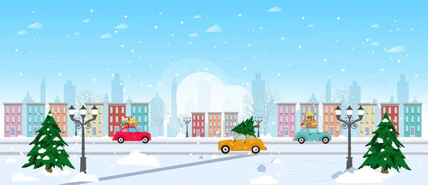 Vetor de um inverno novo rua velha cidade com árvores de Natal e passando por carros com presentes — Vetor de Stock