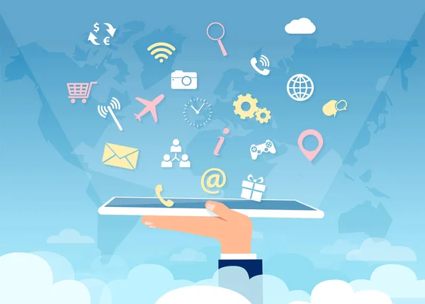 Vector de una mano sosteniendo la tableta inteligente con múltiples iconos de aplicaciones de redes sociales por encima de las nubes — Vector de stock