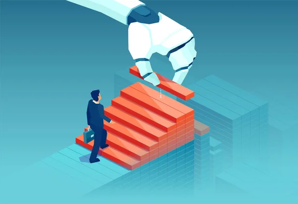 Vetor de um robô empilhando blocos de mão como uma escada para ajudar a carreira de empresário — Vetor de Stock