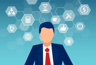 Bilgisayar ağında iletişim kuran bir iş adamının vektörü, arayüz simgeleriyle çevrili çoklu görev