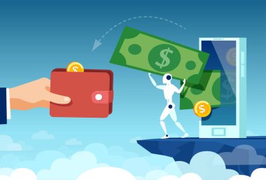 Akıllı telefondan iş adamının cüzdanına para aktaran bir robotun vektörü. 