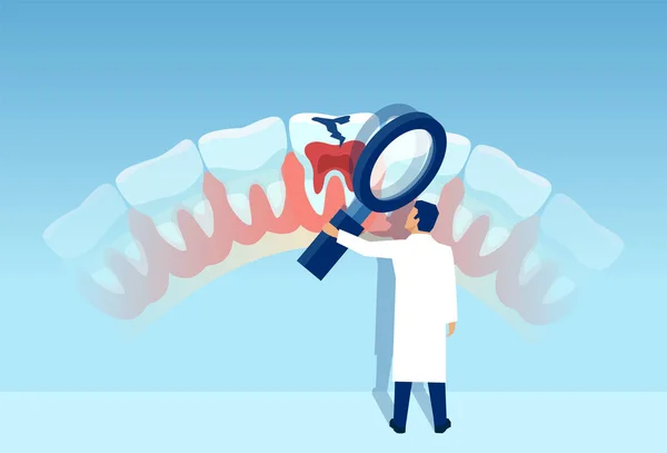 Vector de un dentista con lupa que revisa el diente con caries — Vector de stock