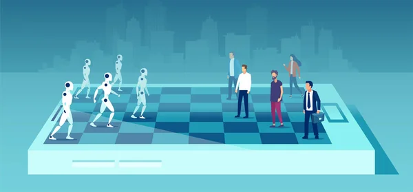 Vecteur d'une équipe d'hommes d'affaires en compétition contre des robots sur échiquier — Image vectorielle