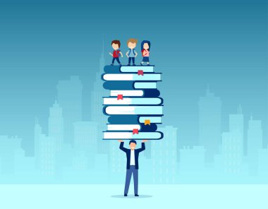 Bir öğretmenin elinde mutlu çocuklarla dolu bir yığın kitap tutması. 