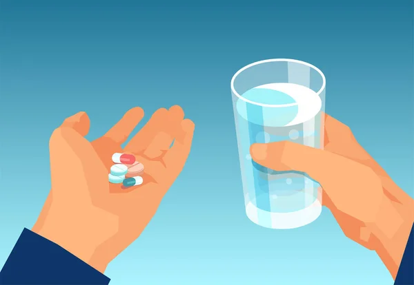 Вектор человека, принимающего таблетки, держащего стакан воды . — стоковый вектор