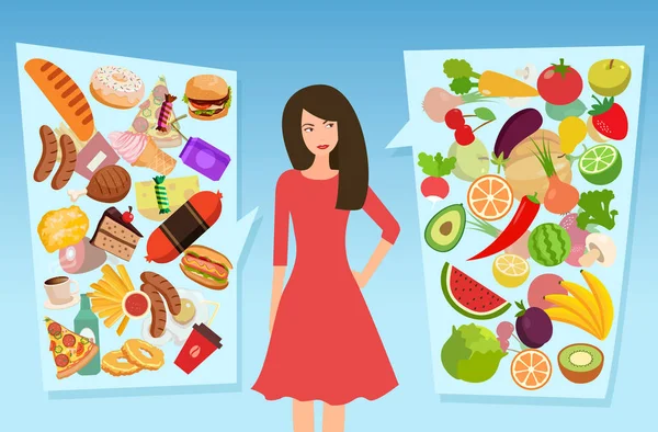 Vector of a woman choosing between healthy and unhealthy food — 스톡 벡터