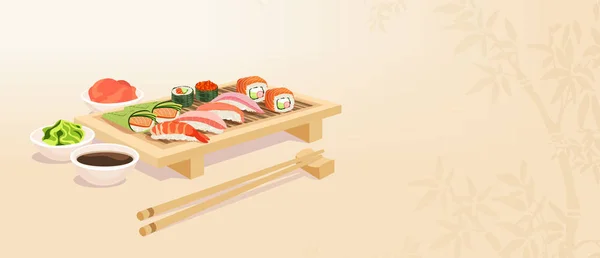 Vector of a set of sushi on wooden tray — 스톡 벡터