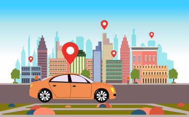 Yol üzerinde lokasyon iğnesi olan bir arabanın vektörü