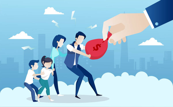 Vector of a businessman pulling sack of money from a family