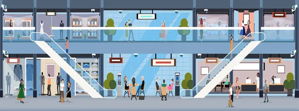 Vector of a shopping mall with security cameras tracking customers — 스톡 벡터