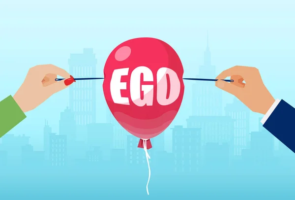 Vetor de homem e mulher mãos com agulhas para estourar um balão com palavra ego . —  Vetores de Stock