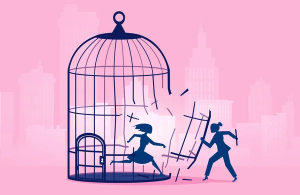 Vector of a woman escaping birdcage being helped by business woman — 스톡 벡터