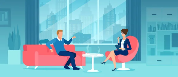 Вектор бизнесмена, сидящего на диване и обсуждающего деловую встречу с предпринимательницей — стоковый вектор