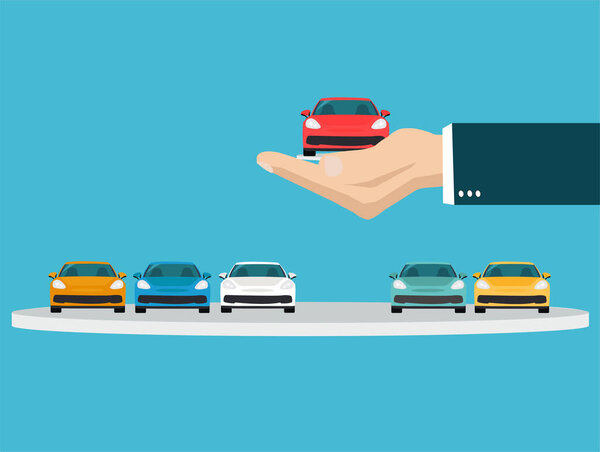 Вектор руки, держащей новый автомобиль
