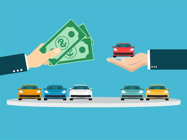 Vector of a businessman hand exchanging a new car for money — Stock Vector