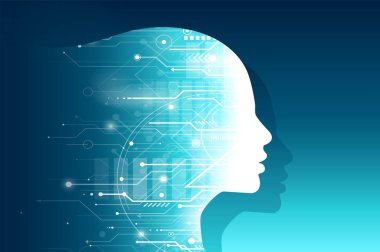 Devre bilgisayar deseninden yapılmış bir kadın insan kafası silueti.