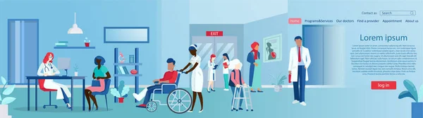 병원 강당에서 의사와 간호사들 과 함께 서 있는 다 문화적 환자들의 대리인 — 스톡 벡터