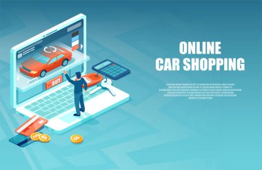 İnternet üzerinden otomobil konfigüratörü kullanan bir adamın vektörü 