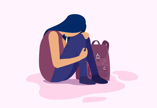 Vector Depressed Sad Girl Sitting Floor Student Backpack — Stock Vector