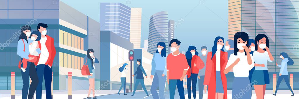 Vector of a crowd of people wearing protective respiratory masks walking on a street with cityscape background. Virus epidemics prevention and control concept