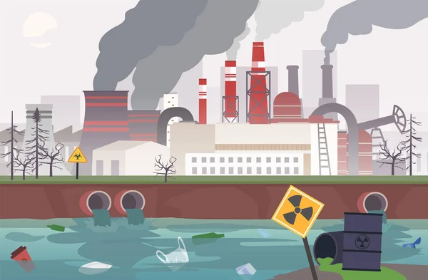 Wektor Działającej Fabryki Zanieczyszczający Powietrze Wodę Glebę Wylewając Toksyczne Chemikalia — Wektor stockowy