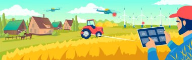 Tabletinde uygulamayla çiftliğini yöneten bir çiftçinin vektörü. Akıllı tarım ve gelecekteki teknoloji kavramı