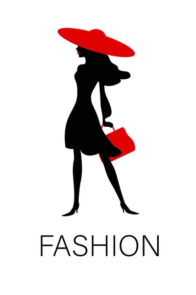 Vector Σιλουέτα Μιας Κομψής Γυναίκας Μόδας Κόκκινο Καπέλο Και Τσάντα — Διανυσματικό Αρχείο