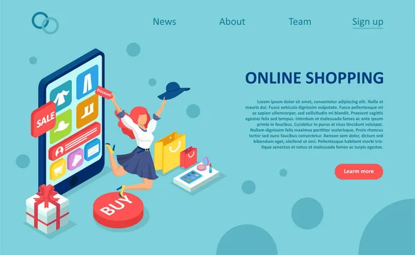 Vektor Seorang Wanita Bahagia Belanja Online Dengan Harga Diskon - Stok Vektor