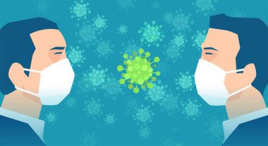 Beyaz maskeli iki adamın vektörü Coronavirus ile birbirlerine bakıyorlar. 