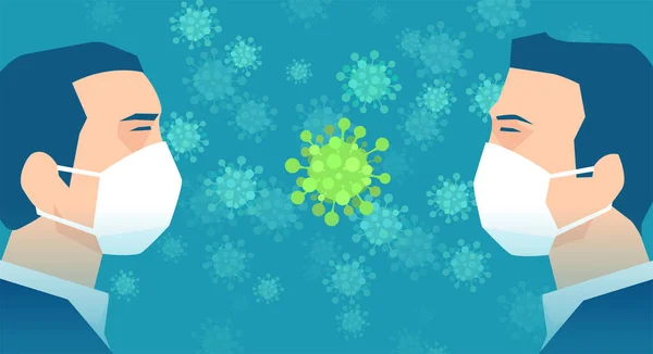 Vector Dos Hombres Con Máscaras Médicas Blancas Mirándose Con Coronavirus — Vector de stock