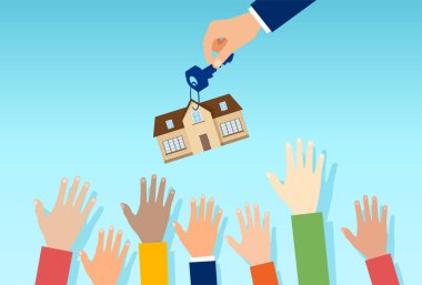 Vector of a real estate agent with house key offering property for sale to a crowd of interested people clipart