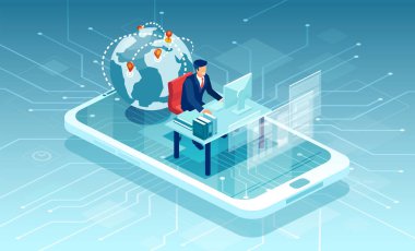 Dünya çapındaki müşterilerle iletişim kuran mobil bir sosyal medya platformunda çalışan bir işadamının vektörü 