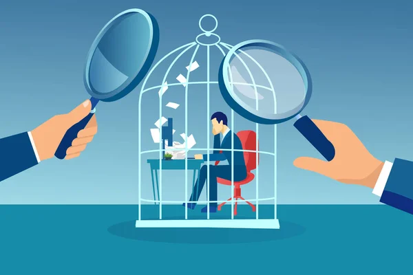 Vector Business Man Working Desk Trapped Birdcage Being Observed Managers — Stock Vector