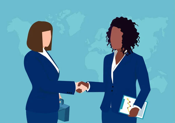 Vector Two Businesswomen Shaking Hands Απομονωμένο Παγκόσμιο Χάρτη Φόντο — Διανυσματικό Αρχείο