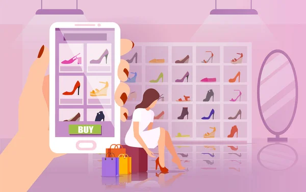 Frauenschwarm Kauft Smartphone App Online Designerschuhe — Stockvektor