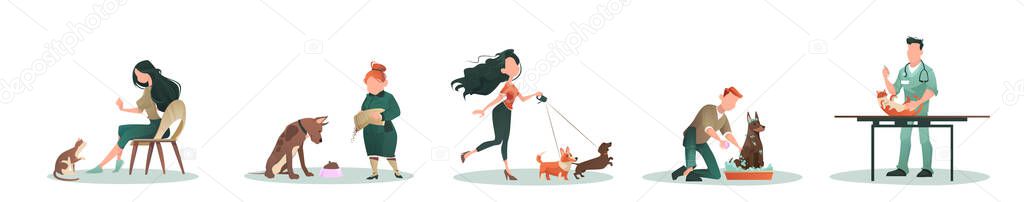 Vector of people pet owners and veterinarian walking, feeding, vaccinating and taking care of animals dogs and cats 
